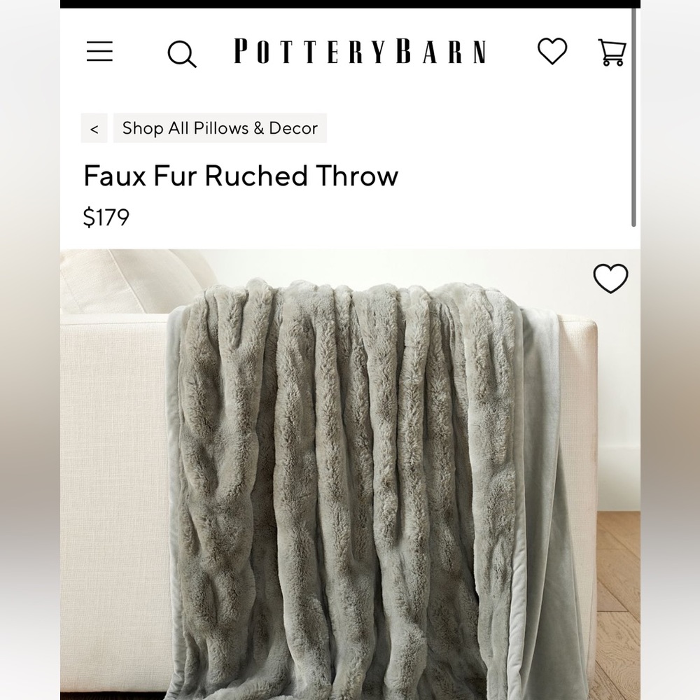 Pottery Barn Faux Fur Ruched Throw - Gray